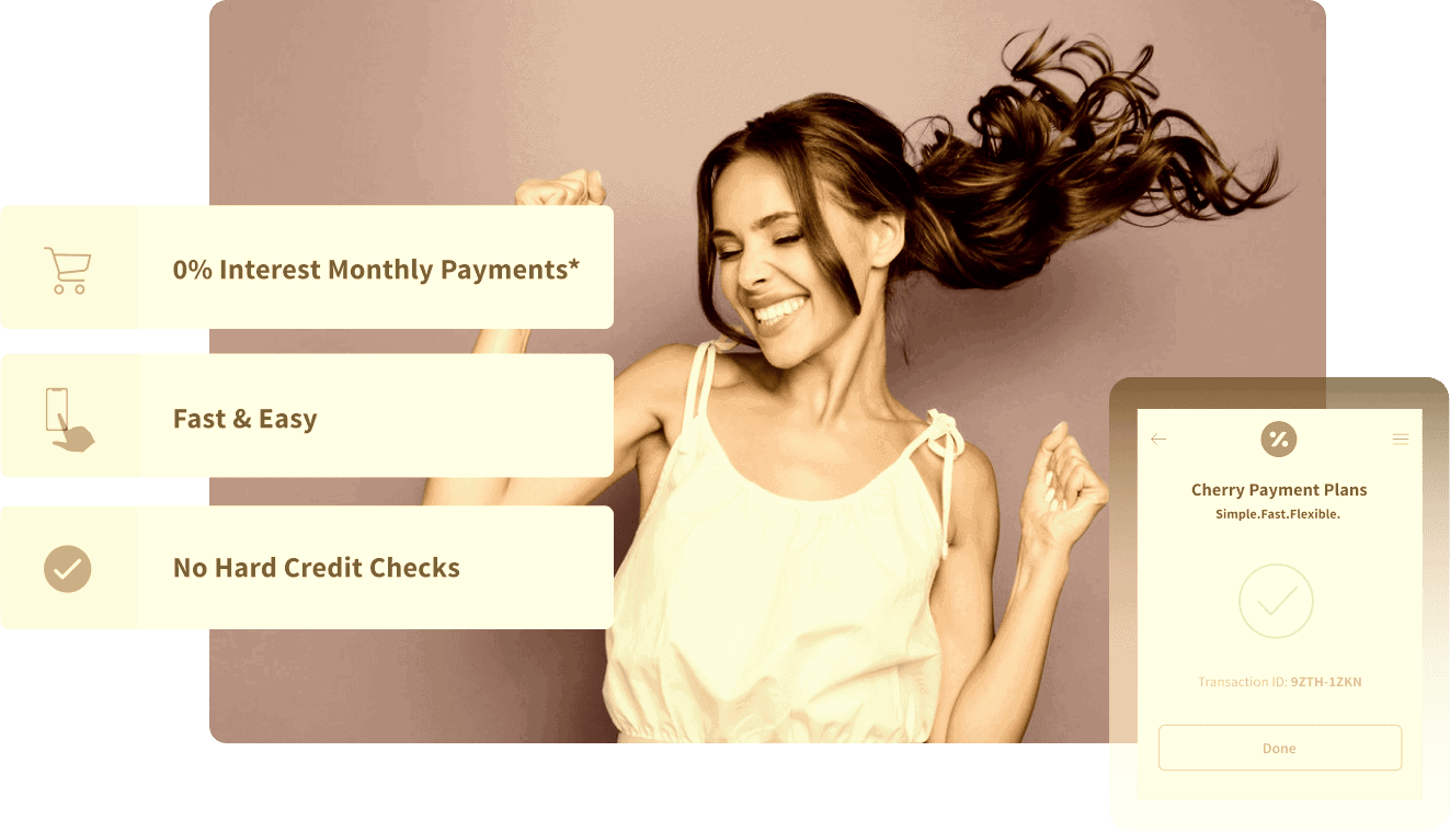 a happy woman with text around her that says 0% interest monthly payments, fast & easy apply and no hard credit checks