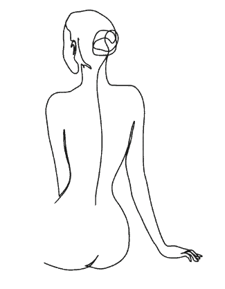 black line art of a person's back, buttocks, and head with the hair in a bun.